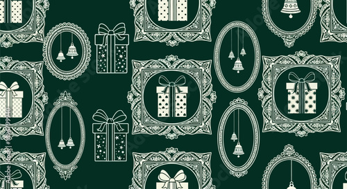 christmas pattern of gift boxes frames and bells on dark green background perfect for festive holiday designs and seasonal products.
