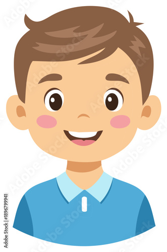 Happy smiling cartoon boy with brown hair and blue shirt portrait illustration