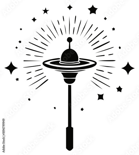 Stylized illustration of a UFO-like object and surrounding stars, vintage style