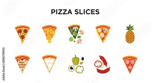 An array of ten illustrated pizza slices and related food items on a white background
