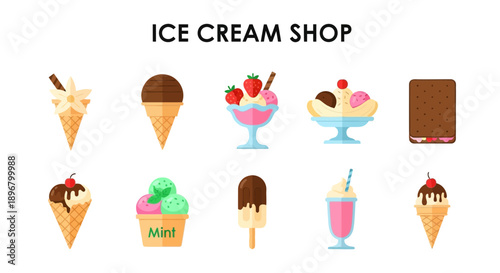 An illustration displaying ten different ice cream treats arranged in two rows