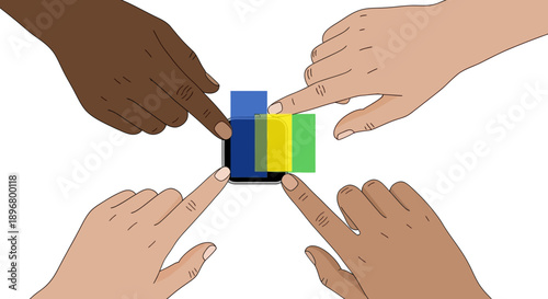 Diverse Hands Touching Digital Screen with Bar Chart Data Visualization Vector Illustration. Global Teamwork and Shared Technology Access.