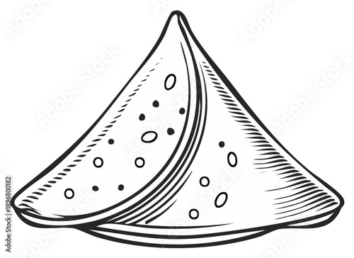 Ink drawing of a samosa pastry, Indian food, appetizer, snack.