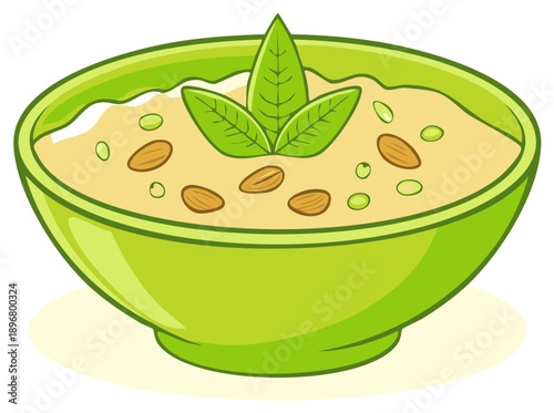 Green bowl of creamy dessert with nuts and herbs