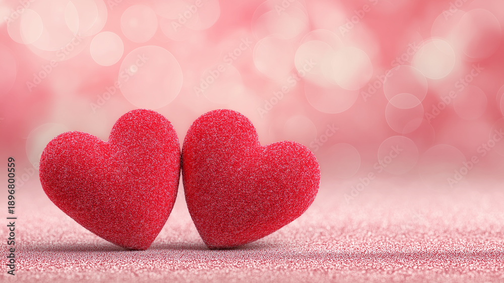 Obraz premium Bright red hearts sit closely together on a sparkling pink backdrop, radiating warmth and affection Generative AI
