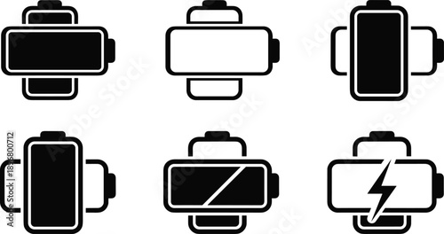 Smartwatch icon set with horizontal and vertical styles, charging symbol, screen indicator, black silhouette vector for wearable technology design
