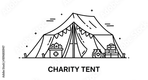 Charity tent illustration with donation supplies and flags.