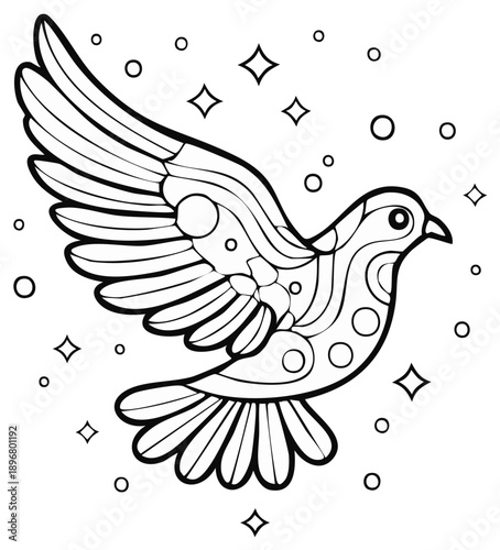 Stylized flying dove of peace with ornamental patterns and stars coloring page illustration