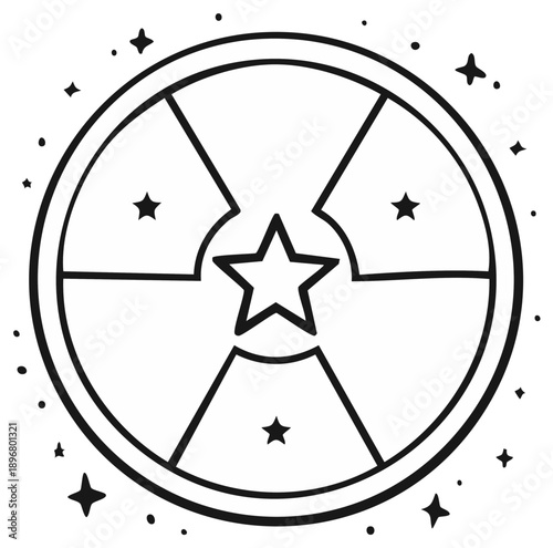 Wheel of fortune game cartoon style with stars element. Black and white wheel of prize with stars for a board game
