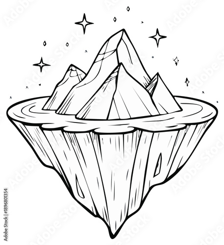 Magical Floating Island with Mountains and Stars Hand Drawn Line Art Illustration