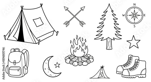 Camping icons set hand drawn sketch vector illustration.