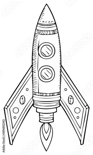 Hand drawn retro rocket ship launching with flames black and white vector illustration