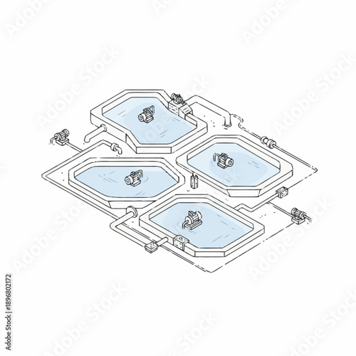 Aquaculture System with Multiple Tanks and Water Flow.