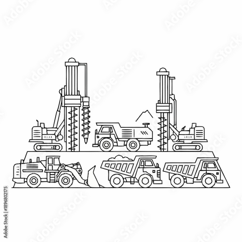 Collection of Heavy Construction and Mining Equipment Line Art.