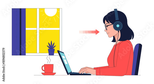 Woman in headphones focused on remote work, typing on laptop in a sunny home office setting. Modern vector illustration of concentration and productivity.