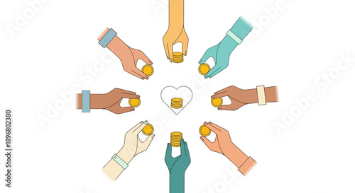 Diverse Hands Donating Money to a Central Heart. Community Charity, Fundraising, and Crowdfunding Effort.