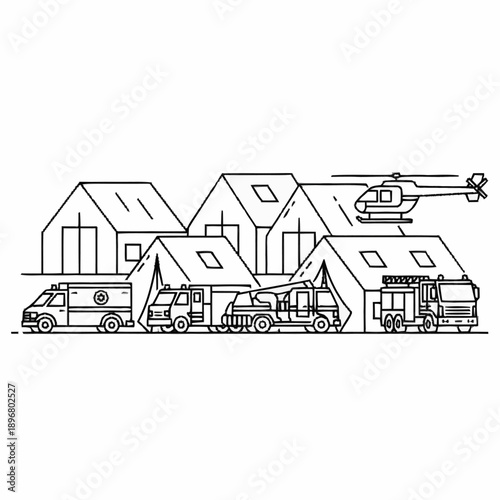 Emergency Response Scene with Vehicles and Tents.