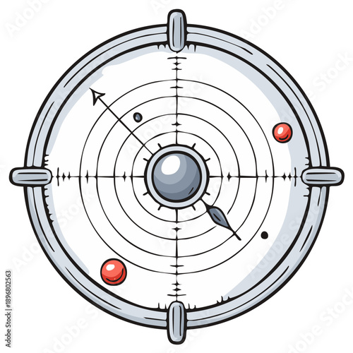 Stylized radar screen shows blips tracking targets. Scan display for navigation.