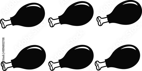 Vector illustration of six black chicken drumstick silhouettes in cartoon style for food, meat, cooking, and culinary themes.