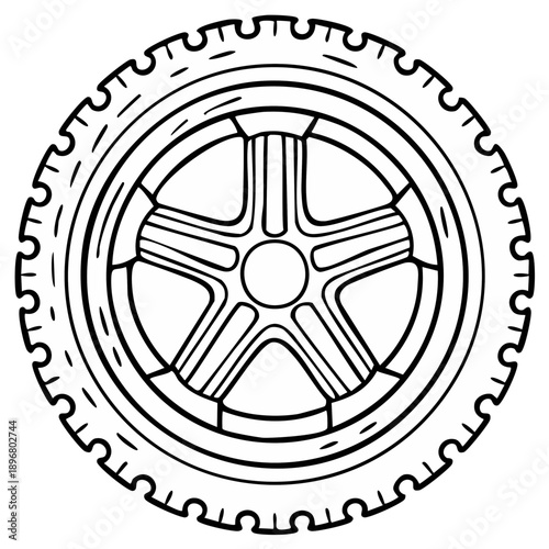 Hand-drawn car wheel illustration with a five-spoke rim and tire tread. Automotive part line art.