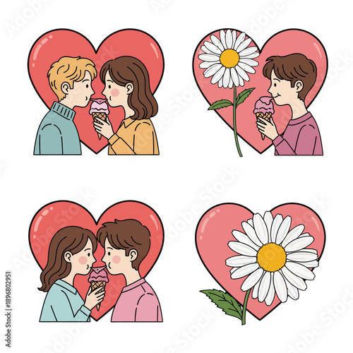 Sweet moments of young couples enjoying ice cream and expressing affection, beautifully illustrated within romantic heart shapes with delicate daisy flowers