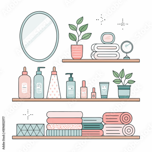 A neatly arranged bathroom scene showcasing towels, toiletries, and plants on three wooden shelves from a straightforward viewpoint