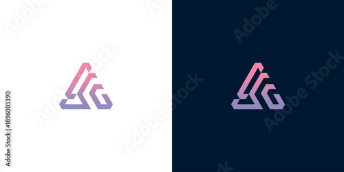 Abstract triangular logo design with a gradient of pink and purple hues on both a white and dark background