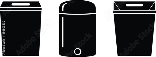 Vector illustration of three black trash bin silhouettes with unique lid designs for waste disposal, sanitation, recycling, and urban use.