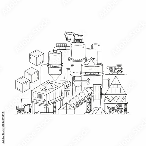 Industrial Processing Plant with Heavy Machinery and Raw Materials.