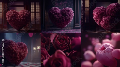 Valentine's Heart Collage: A romantic collage of images captures the essence of love, featuring a plush, heart-shaped creation amidst soft, inviting textures, roses.