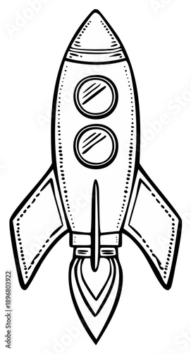 Hand drawn vintage rocket ship blasting off. Black and white retro cartoon line art illustration.