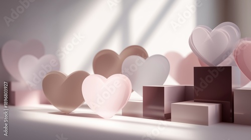 Love's Geometric Symphony: Delicate heart-shaped figures, in a palette of soft hues, dance across a minimalist stage of geometric forms, symbolizing love's multifaceted beauty and enduring presence.