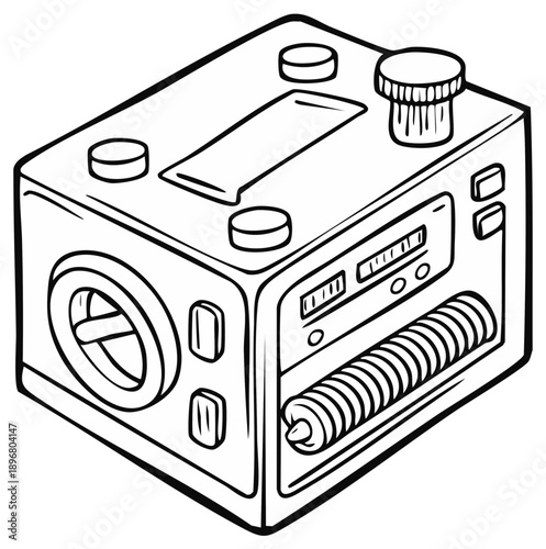 Stylized Vintage Radio Broadcasting Device with Dial, Buttons, and Controls in Black and White Outline Cartoon Style
