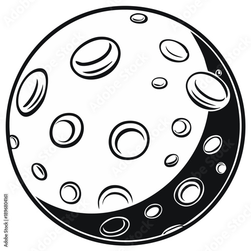 Stylized moon black and white illustration with visible craters and shadow graphic art