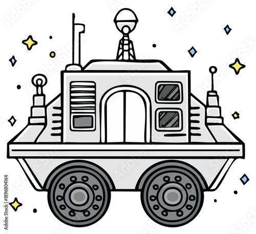 Adorable hand drawn space rover exploring the vast outer space with colorful stars kids illustration