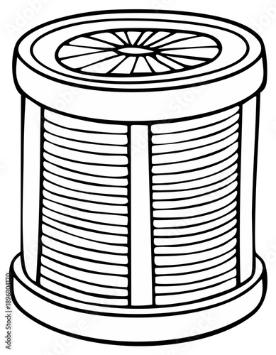 Black and white outline illustration of a crafting thread spool sewing supply