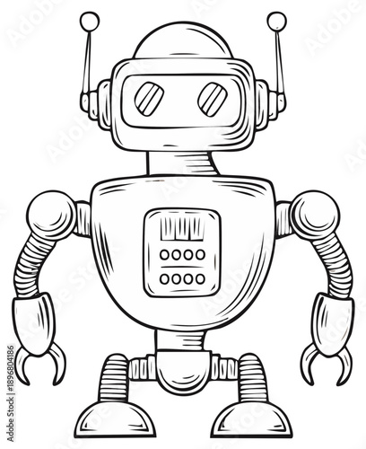 Retro robot character illustration with antenna and pincers, hand drawn sketch style
