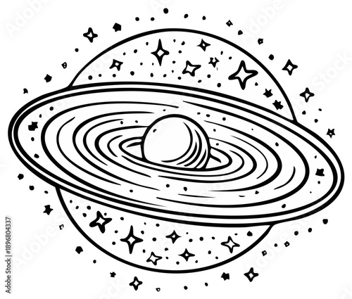 Abstract hand drawn planet with orbital rings surrounded by sparkling stars cosmic universe doodle art