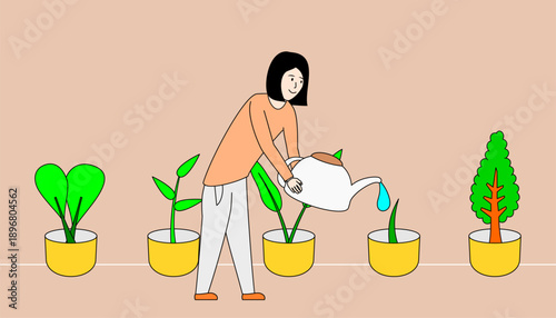 Woman is watering plants in a row of pots