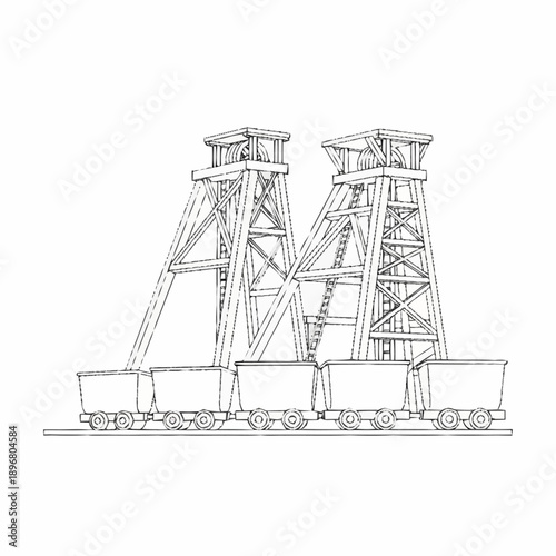 Vintage Mining Headframes and Ore Carts Illustration.
