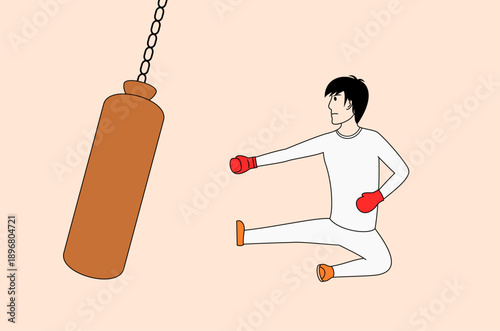 Man is punching a bag. man is doing warming up