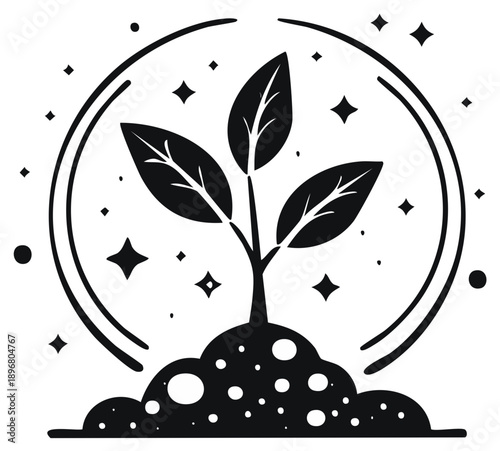 Magical plant sprout growing from rich soil with leaves, stars, and celestial elements in a circular frame