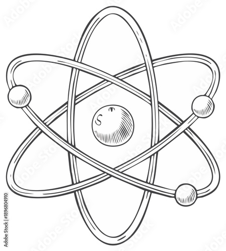Stylized atomic model illustration with orbiting particles and a central nucleus