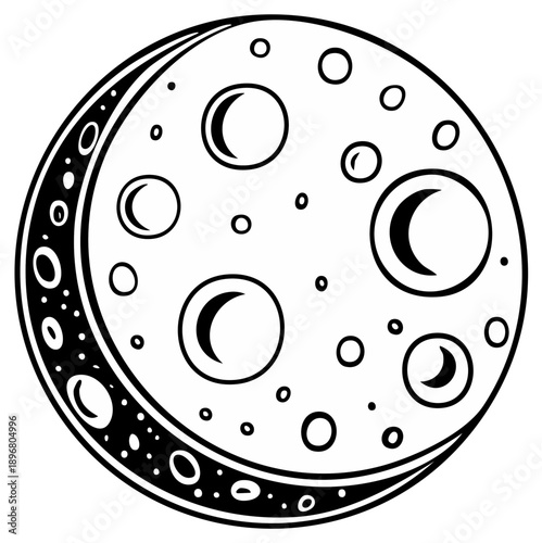 Stylized moon illustration with craters and crescent shapes against a white background