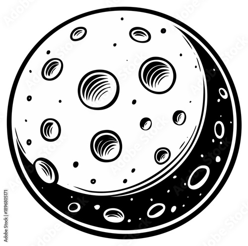 Stylized black and white moon illustration with craters and dark cosmic crescent