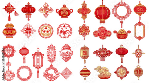 Collection of intricate Chinese decorative ornaments and lantern frames in red and gold, festive traditional elements for Lunar New Year greeting designs.
