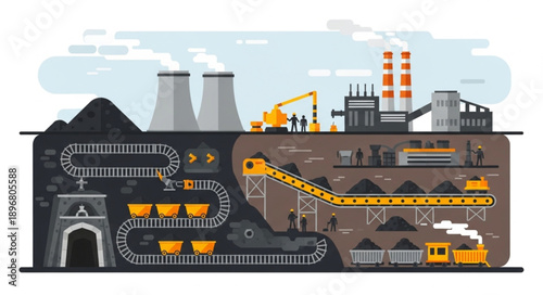 Coal mining process illustration with underground tunnels and surface facilities.
