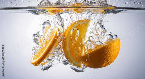 Sliced orange pieces submerged underwater with sharp water surface line and suspended bubble details.
