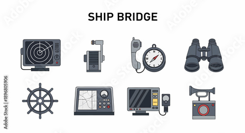 A collection of eight maritime navigation and communication instruments icons