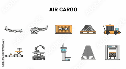 A collection of ten flatstyle icons related to air cargo operations on a white background